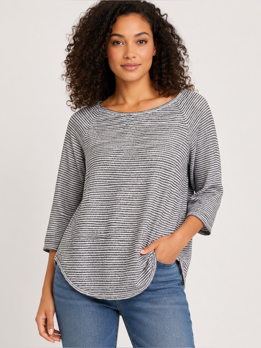 Eight Eight Eight Striped Cotton Knit Tunic Top 3/4 Sleeve Black White Gray L